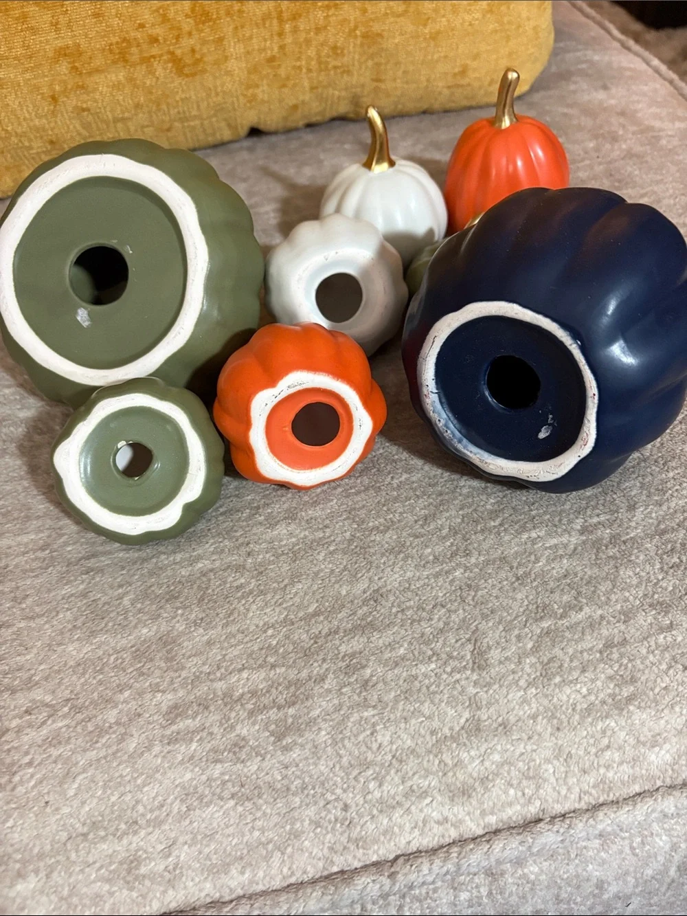 Decorative Ceramic Pumpkin Set of 9 - Orange, White, Olive, Navy, Gold stems